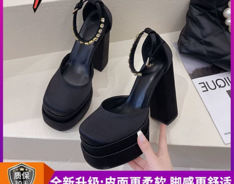 2022春季新款防水台高跟鞋女粗跟百搭黑色...