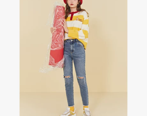 乐町破洞牛仔铅笔裤长裤复古2019新款女毛...