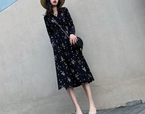 赫本法式黑色雪纺长裙春装女，新款碎花连衣裙...