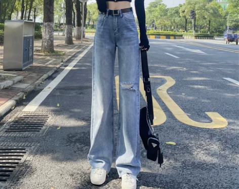 高腰破洞夏季薄款阔腿牛仔裤女显瘦显高垂感宽...