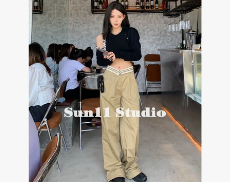 SUN11 卡其色休闲工装裤子女夏季高腰垂...