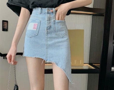 港风新款夏季复古设计感不规则牛仔裙女高腰修...