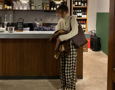 安酒月格子裤女秋冬新款垂感拖地高腰阔腿裤复...
