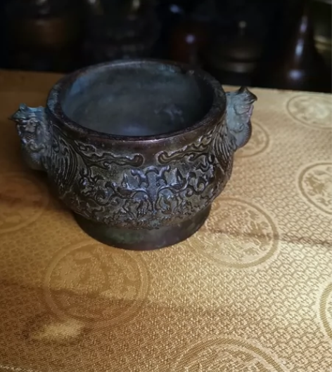古玩收藏老铜器双凤耳缸熏香炉线香老铜香炉摆...