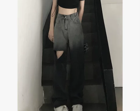 渐变破洞牛仔裤女设计感裤子宽松高腰显瘦直筒...