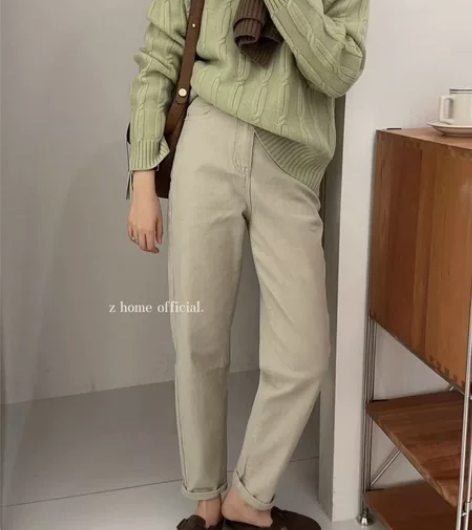 显瘦卷边九分裤女小哈伦牛仔裤米杏色高腰休闲...