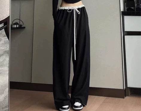 抽绳遛弯裤 垂感黑色阔腿裤女高腰西裤拖地裤...
