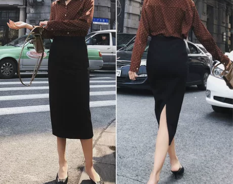 赫本风小黑裙下半身裙复古性感紧身高开叉包臀...
