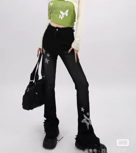 1W BLACK黑色微喇叭牛仔裤女春装新款...