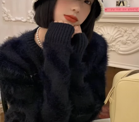 黑色针织毛绒渔夫帽日系显脸小帽子,全新 感...