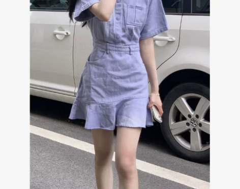 短袖牛仔裙女夏季法式收腰别致气质显瘦港味复...