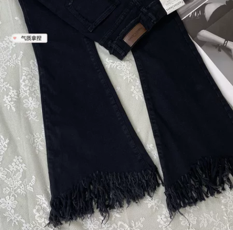 高腰毛边喇叭牛仔裤女微喇春秋新款修身时尚马...