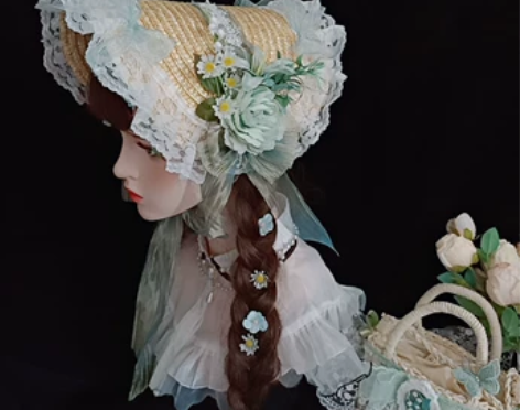 原创手作草帽扁帽Lolita华丽优雅茶会田...