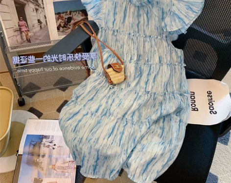 设计感蓝色无袖雪纺连衣裙女夏2022小众温...