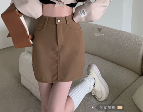 少女凯拉自制~卡其色半身裙女夏季2022新...