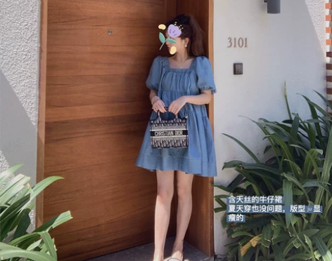 mimius方领连衣裙牛仔连衣裙公主裙A字...