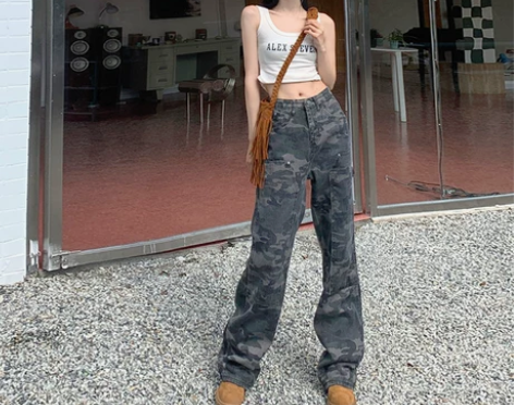 VWU迷彩休闲牛仔裤女薄款高腰显瘦直筒宽松...
