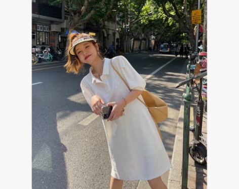 SA泡泡袖宽松休闲显瘦裙子女粉色中长款运动...