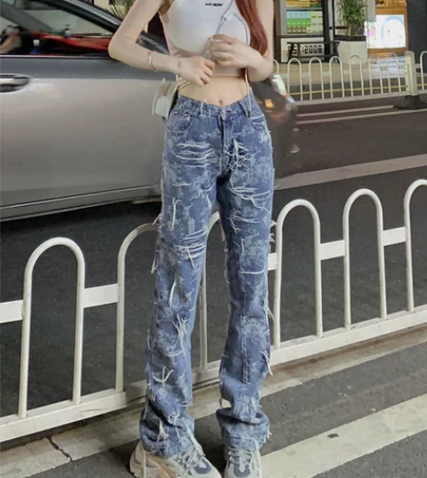 临典破洞牛仔裤女vibe美式复古高街hip...