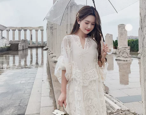 U.VN 甜美法国小众v领白色仙女裙子夏…...