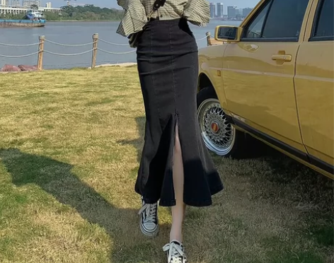 黑色牛仔高腰开叉鱼尾裙半身裙女a字裙中长款...