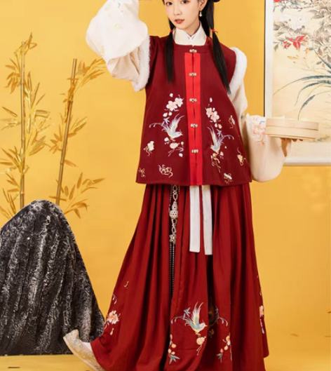 包邮玉术原创汉服女百鸟比甲明制圆领百搭袄裙...