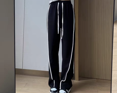转卖条纹运动裤女2022春夏大码宽松直筒休...