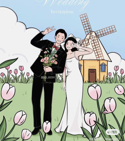 婚礼logo手绘结婚请柬插画Q版头像定制卡...