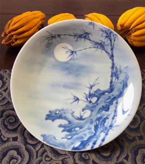 景德镇青花寿山石竹子月景高足壶承盘,纯手工...