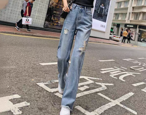 转卖高腰破洞阔腿牛仔裤女新款垂感宽松直筒裤...