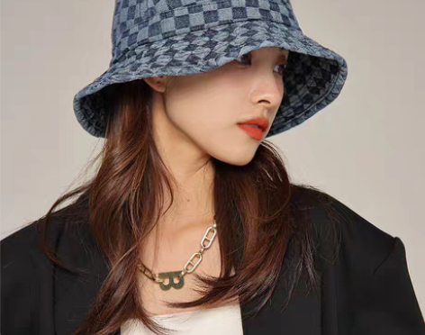 转卖夏季新款棋盘格牛仔渔夫帽女遮脸日系休闲...