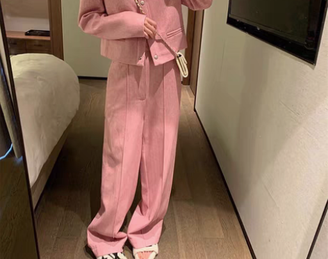 包邮套装小香风高级感御姐休闲时尚粉色阔腿裤...