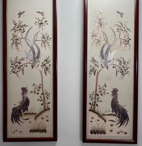 清  刺绣凤求凰挂屏一对，全品 尺寸：长：...