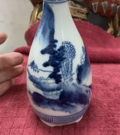 包邮九谷青花手绘满绘山水小花瓶 九谷名家手...