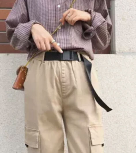 嬉皮少女 高腰休闲工装裤女秋款大口袋松紧腰...