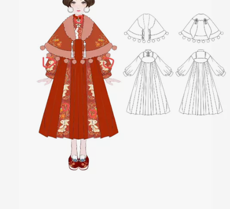 服装设计代画：款式图，效果图 新年主题，汉...